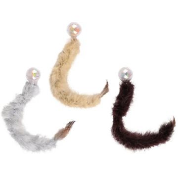 FLAMINGO Jucărie pt pisici Minge zornăitoare cu coadă de pene, 45cm, div culori