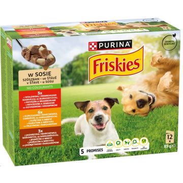 FRISKIES Pachet plicuri pentru câini Adulţi, cu Pui, Vită şi Miel 12x85g