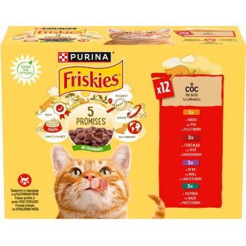 FRISKIES Pachet plicuri pentru pisici Adulte, cu Pui, Vită, Miel şi Raţă 12x85g