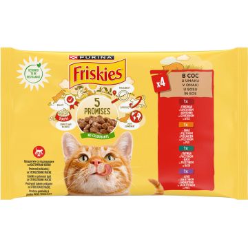 FRISKIES Pachet plicuri pt pisici Adulte, cu Pui, Vită, Miel şi Raţă 4x85g