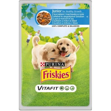 FRISKIES Plic hrană umedă pt căţei JUNOR, cu Pui şi Morcovi în aspic 100g