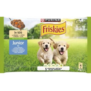 FRISKIES Plic hrană umedă pt căţei JUNOR, cu Pui şi Morcovi în aspic