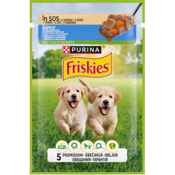 FRISKIES Plic hrană umedă pt căţei JUNOR, cu Pui şi Morcovi în aspic