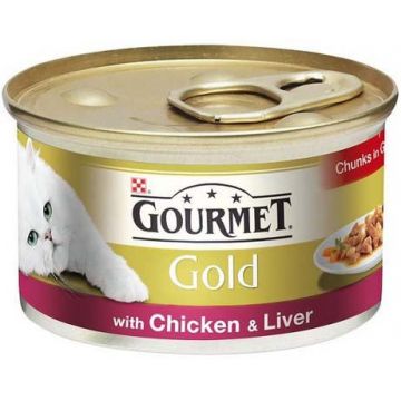 GOURMET Gold Conservă pentru pisici, cu Pui şi Ficat, cubuleţe în sos 85g