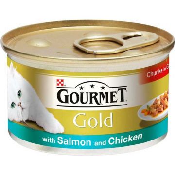 GOURMET Gold Conservă pentru pisici, cu Somon şi Pui, în sos 85g