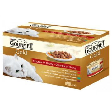 GOURMET Gold Pachet conserve în sos Vită, Pui, Somon, Curcan şi Raţă 4x85g
