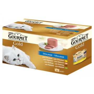 GOURMET Gold Pachet conserve Mousse cu Vită, Ton, Ficat şi Curcan 4x85g