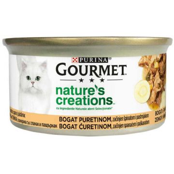 GOURMET Nature's Creations Conservă pentru pisici, Curcan, Spanac, Păstârnac 85g