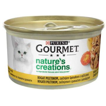 GOURMET Nature's Creations Conservă pentru pisici, Pui, Roşii şi Spanac 85g