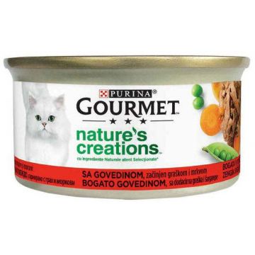 GOURMET Nature's Creations Conservă pentru pisici, Vită, Mazăre şi Morcovi 85g