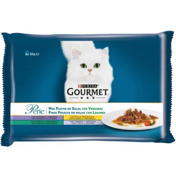 GOURMET Perle Pachet plicuri Miel, Pui, Viţel, Iepure cu Legume sos exotic 4x85g