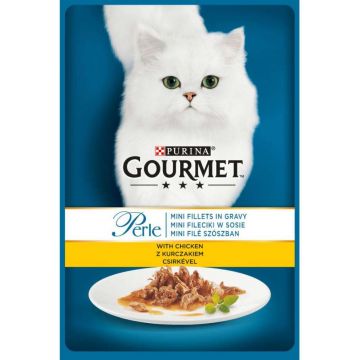 GOURMET Perle Plic hrană umedă MINI FILEURI în sos, cu Pui 85g