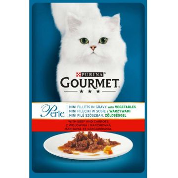 GOURMET Perle Plic hrană umedă MINI FILEURI în sos, cu Vită şi Morcovi 85g