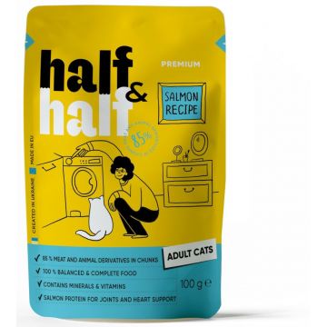 HALF&HALF plic pentru pisici adulte, bucăţi de Somon în jeleu 100g