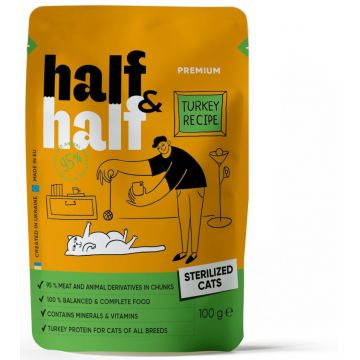 HALF&HALF plic pentru pisici sterilizate, bucăţi de Curcan în jeleu 100g