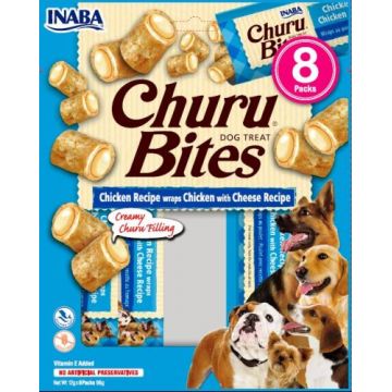 INABA CHURU Bites Recompensă pt. câini,Pernuţe Pui/Brânză,Pachet 8 plicuri x 12g