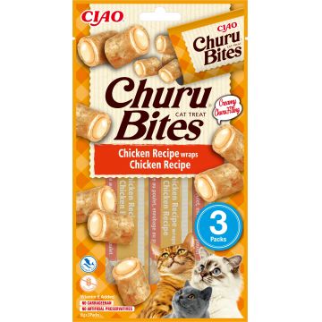 INABA CHURU Bites Recompensă pt. pisici, Pernuţe Pui, Pachet cu 3 bucăţi x 10g
