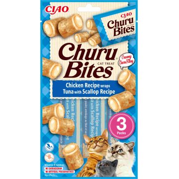INABA CHURU Bites Recompensă pt. pisici, Pernuţe Ton/Scoici, Pachet 3 buc x 10g