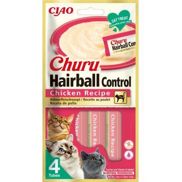 INABA CHURU Hairball Recompensă pt.pisici, Piure cu Pui, Pachet 4 plicuri x 14g