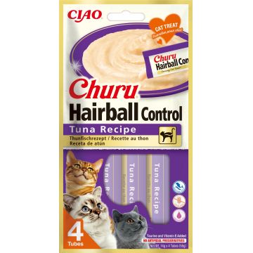 INABA CHURU Hairball Recompensă pt. pisici, Piure cu Ton, Pachet 4 plicuri x 14g