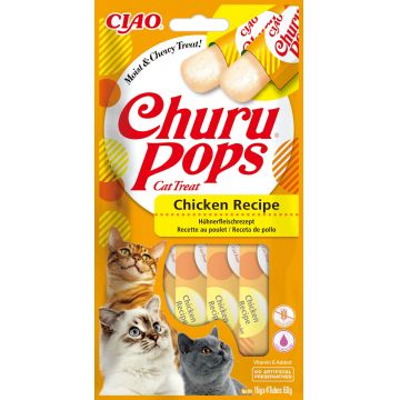 INABA CHURU Pops Recompensă pt. pisici, Baton cu Pui, Pachet cu 4 bucăţi x 15g