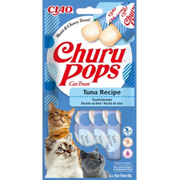 INABA CHURU Pops Recompensă pt. pisici, Baton cu Ton, Pachet cu 4 bucăţi x 15g