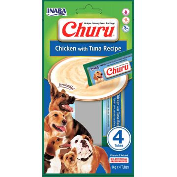 INABA CHURU Recompensă pt. câini, Piure cu Pui şi Ton, Pachet cu 4 plicuri x 14g