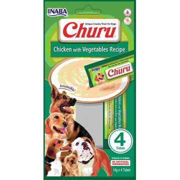 INABA CHURU Recompensă pt. câini, Piure Pui şi Legume, Pachet cu 4 plicuri x 14g