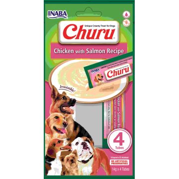 INABA CHURU Recompensă pt. câini, Piure Pui şi Somon, Pachet cu 4 plicuri x 14g