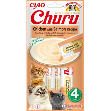 INABA CHURU Recompensă pt. pisici, Piure cu Pui/Somon, Pachet cu 4 plicuri x 14g