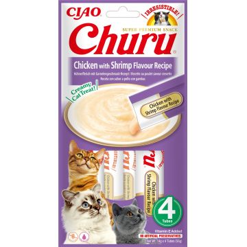 INABA CHURU Recompensă pt. pisici, Piure Pui şi Creveţi, Pachet 4 plicuri x 14g