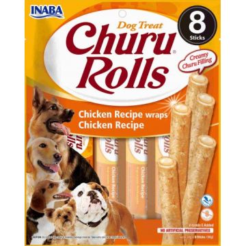 INABA CHURU Rolls Recompensă pt. câini, Baton Pui, Pachet cu 8 bucăţi x 12g