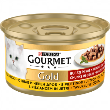 PURINA® GOURMET® GOLD, cu Pui și Ficat, bucăți în sos, hrană umedă pentru pisici, 85 g
