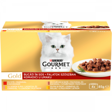 PURINA® GOURMET® GOLD, cu Vită, Somon și Pui, Curcan și Rață, Pui și Ficat, bucăți în sos, hrană umedă pentru pisici, 4x85 g