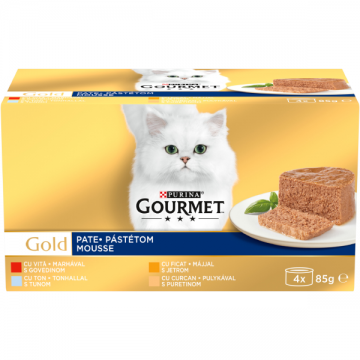 PURINA® GOURMET® GOLD, cu Vită, Ton, Ficat, Curcan, pate, hrană umedă pentru pisici, 4x85 g