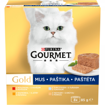 PURINA® GOURMET® GOLD, cu Vită, Ton, Ficat, Curcan, pate, hrană umedă pentru pisici, 8x85 g