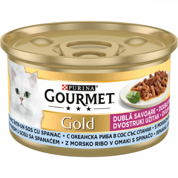 PURINA® GOURMET® GOLD Dublă Savoare, cu Pește Oceanic și Spanac în sos, hrană umedă pentru pisici, 85 g