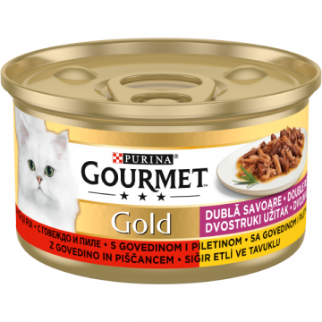 PURINA® GOURMET® GOLD Dublă Savoare, cu Vită și Pui, hrană umedă pentru pisici, 85 g