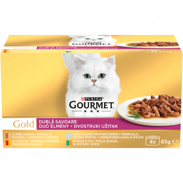 PURINA® GOURMET® GOLD Dublă Savoare, cu Vită și Pui, Rață și Curcan, Pește Oceanic și Spanac, Iepure și Ficat în sos, hrană umedă pentru pisici, 4x85 g