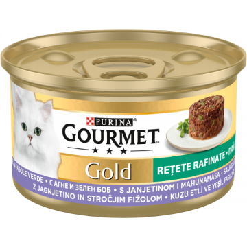 PURINA® GOURMET® GOLD Rețetă Rafinată, cu Miel și Fasole Verde, hrană umedă pentru pisici, 85 g