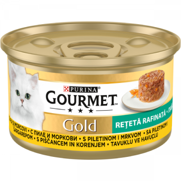 PURINA® GOURMET® GOLD Rețetă Rafinată, cu Pui și Morcovi, hrană umedă pentru pisici, 85 g