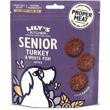 LILY'S KITCHEN Bites Recompensă pentru câini SENIOR, cu Peşte alb şi Curcan 70g