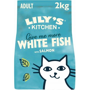 LILY'S KITCHEN Give me more, hrană uscată pentru pisici, cu Peşte alb şi Somon