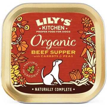 LILY'S KITCHEN Organic Supper Conservă pentru câini, cu vită şi morcovi 150g