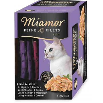 MIAMOR FILETS Mini Pachet plicuri pisici,Pui/Ton,Ton,Ton/Crab,Ton/Calamar 8x50g