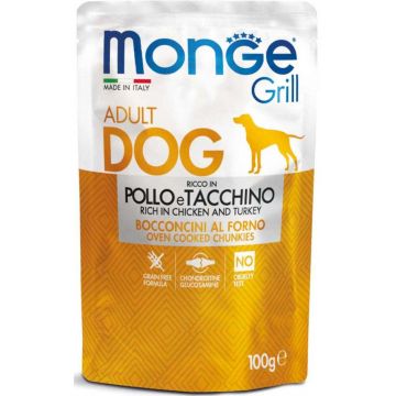 MONGE Grill Plic hrană umedă pentru câini, cu Pui şi Curcan 100g