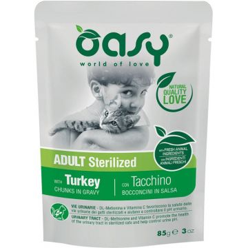 OASY Chunks in Gravy Plic pentru pisici sterilizate, Curcan 85g