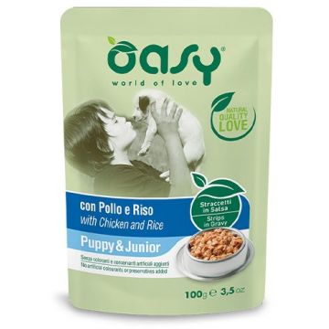 OASY PUPPY & JUNIOR Plic hrană umedă pentru căţei, cu Pui si Orez 100g