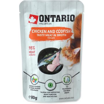 ONTARIO Plic pentru pisici adulte, cu Pui şi Cod, în supă 80g
