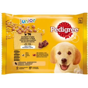 PEDIGREE Pachet plicuri JUNIOR, cu Pui, Vită şi Orez în Aspic 4x100g